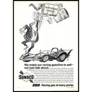 1970 Sunoco 260 Racing Gas Gasline Vintage Print Ad Cartoon Barrels Wall Art